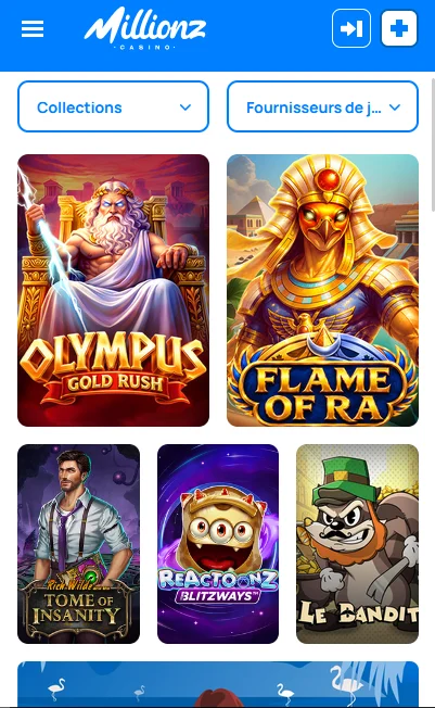Lobby mobile Millionz avec jeux Olympus Gold Rush et Flame of Ra
