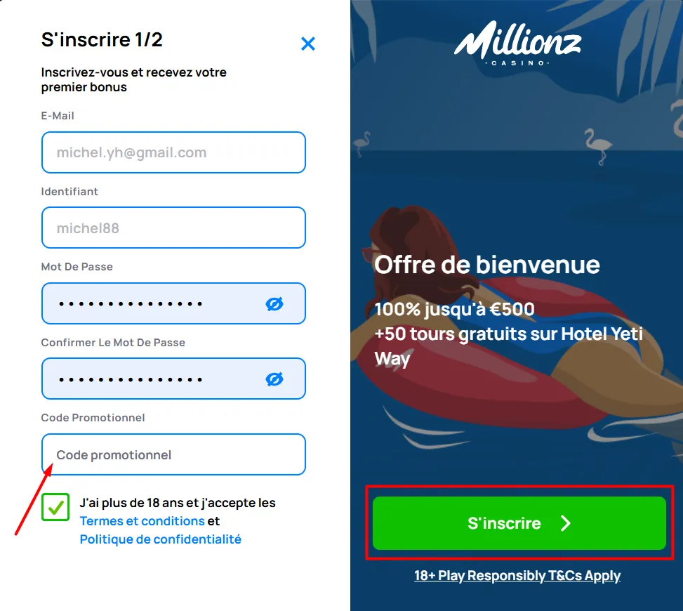 Formulaire d'inscription Millionz Casino