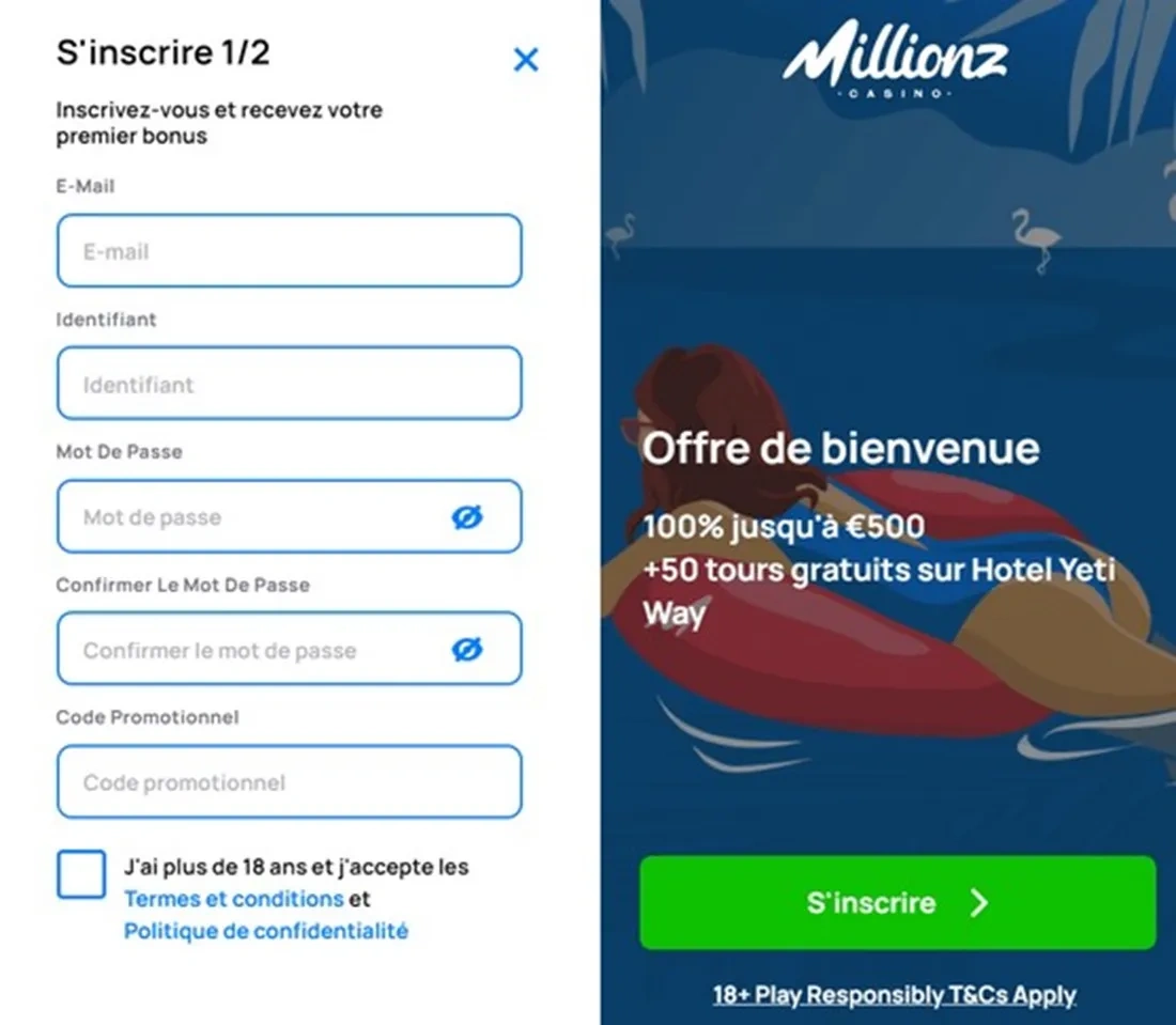 Formulaire d'inscription Millionz Casino